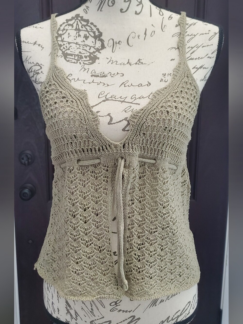 Zara Olive Crochet Tie-Front Cotton Blend Camisole Top M